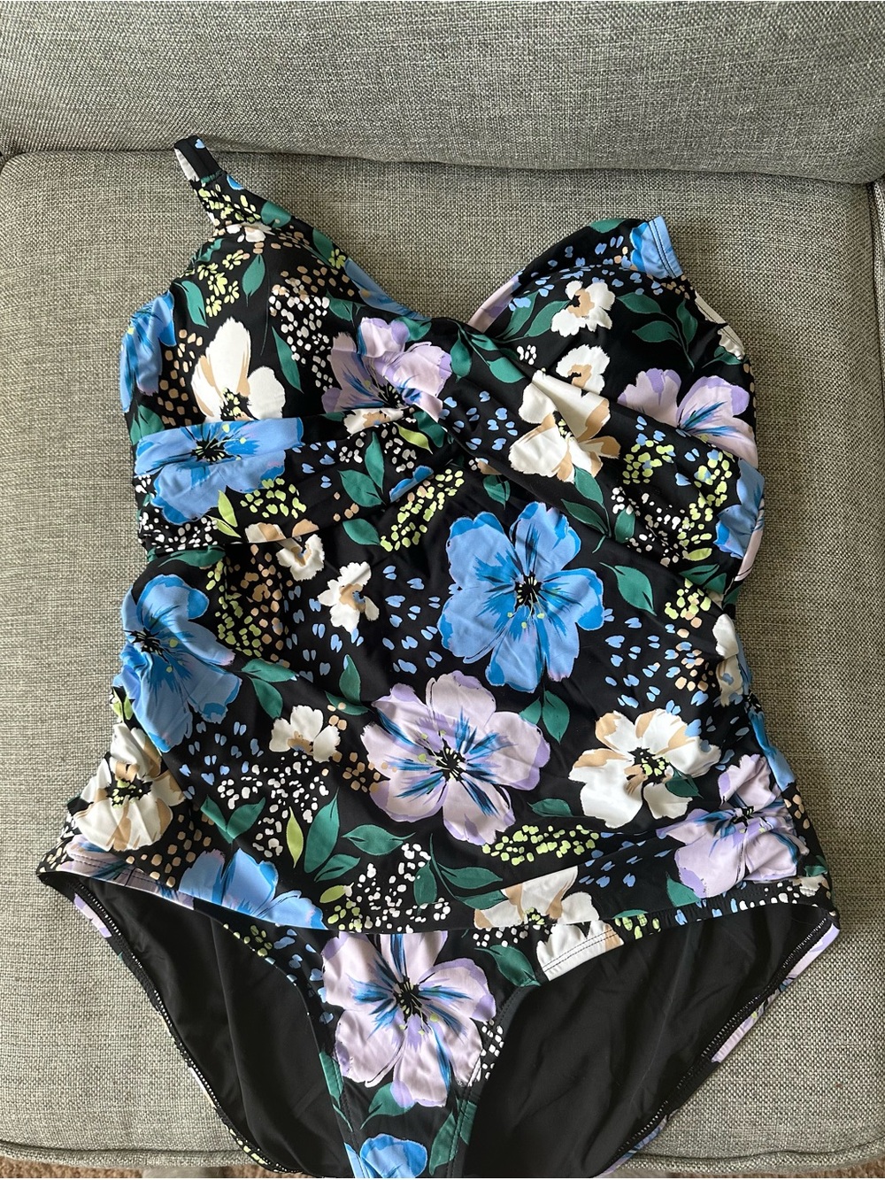Jantzen Black Floral One-Piece Swimsuit with Blue, Purple & Cream Flowers
